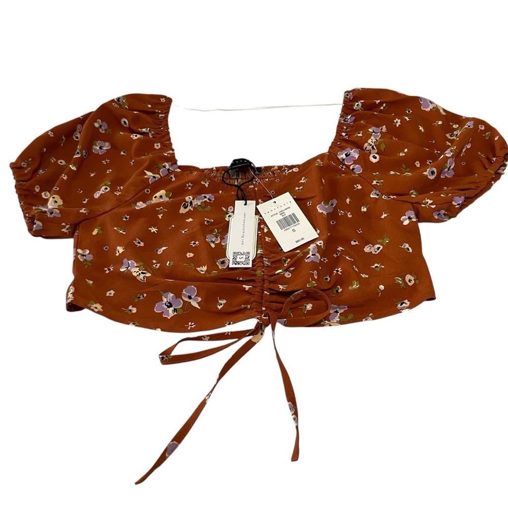 Sanctuary Floral Puff Sleeve Crop Top - Brown, Size Small